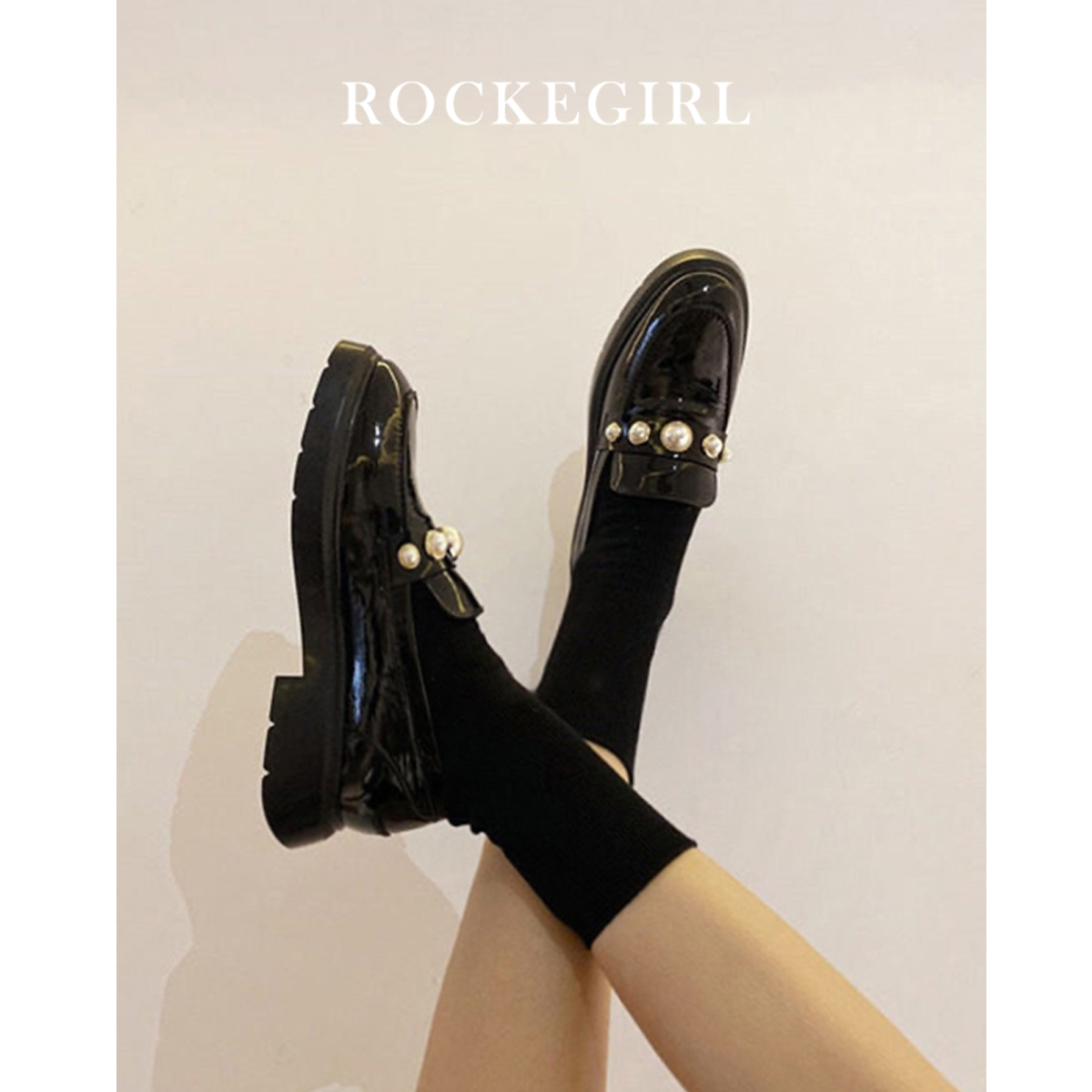 Rock girl power power with the same paragraph thick heel single shoes thick bottom British one pedal small leather shoes female sw pearl loafer shoes