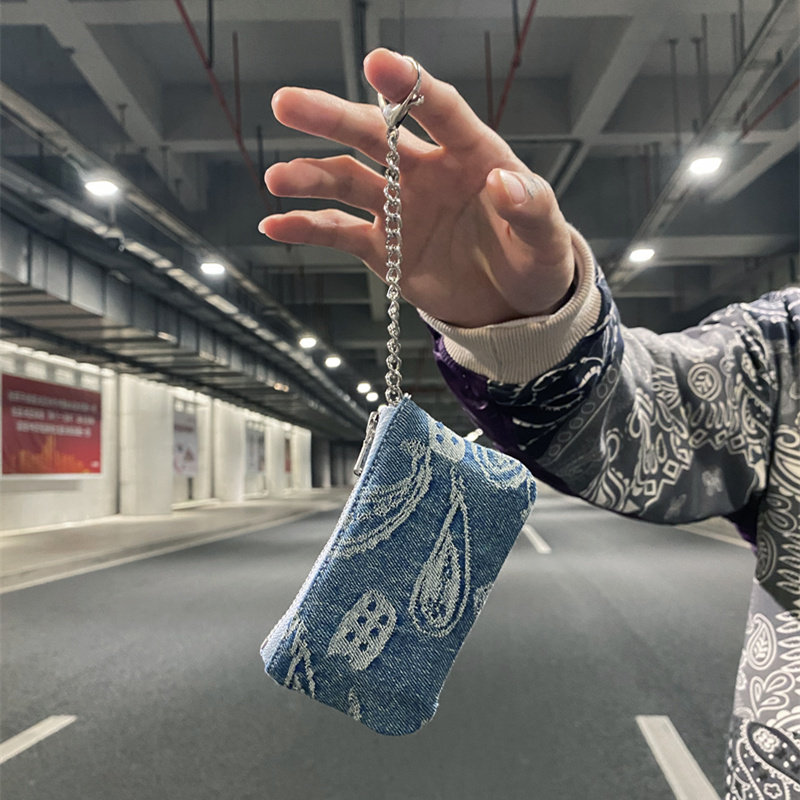 KISSNATE high street cashew flower washed denim coin purse hip-hop trend key bag card bag small wallet men and women