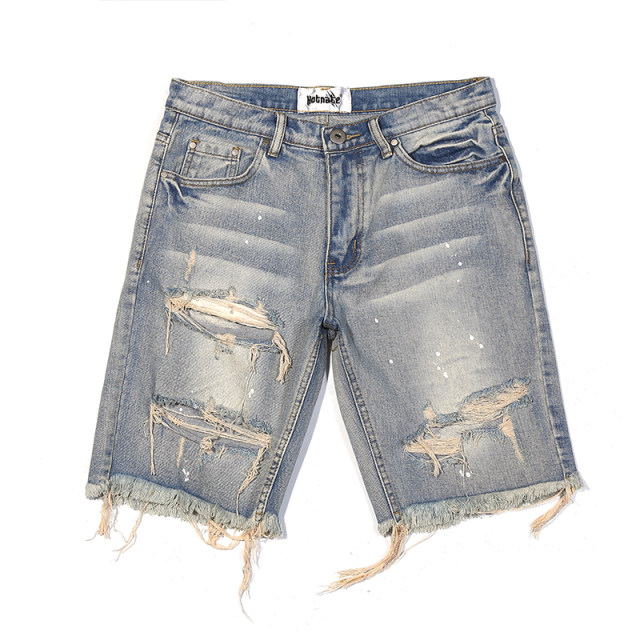 KISSNATE high street INS style retro summer ຮູໃຫຍ່ cat whiskers ລ້າງ denim ສັ້ນແບບປົກກະຕິ