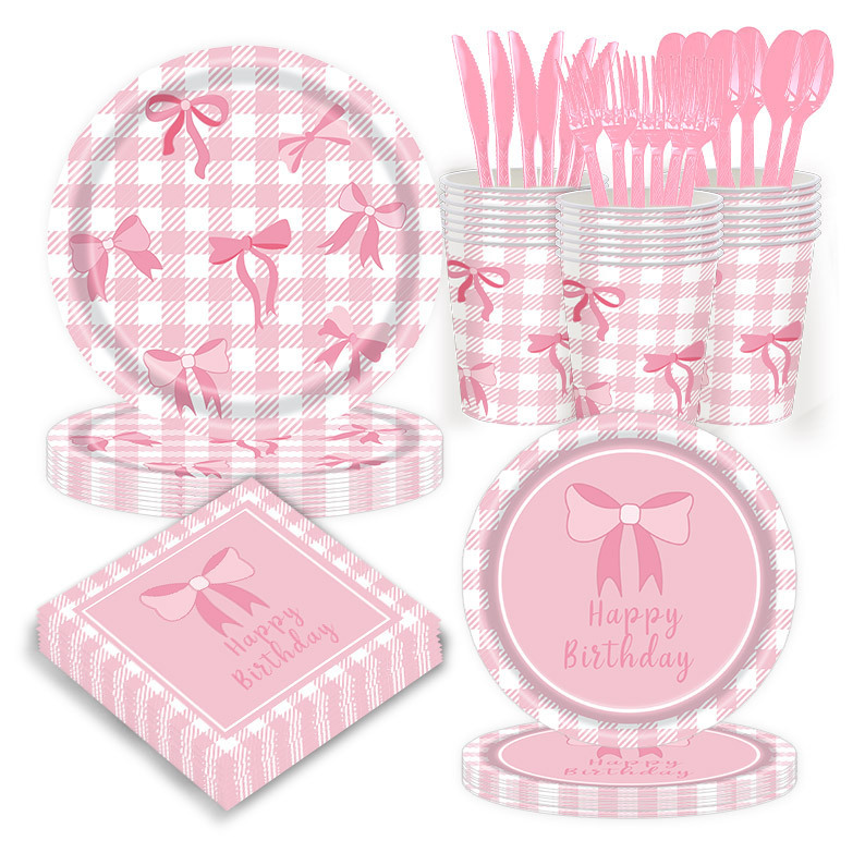 Pink Bow Tableware Barbie Girl Birthday Party Decoration Disposable Paper Plates Paper Towels Paper Cups Tablecloth Set