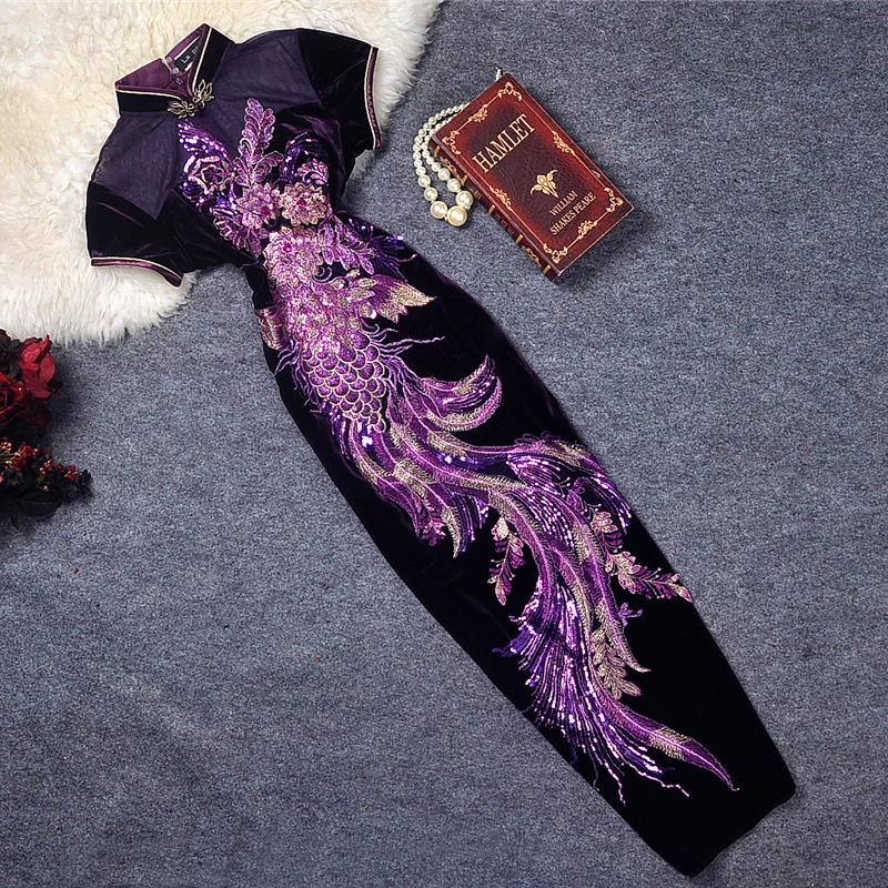 Phoenix Legend Classic Embroidery Noble Temperament Long Cheongsam Dress with Edged Silk Velvet 2026 New Women's Spring/Summer