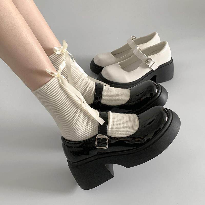 Черные универсальные французские кожаные туфли Mary Jane на толстой подошве и высоком каблуке; новинка 2025 года; женские летние тонкие туфли с юбкой и открытым носком.