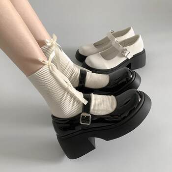 Black Versatile French-Style Thick-Soled High-Heeled Mary Jane Leather Shoes for Women, 2025 New Summer Style, Suitable for Pairing with Skirts, Shallow Single Shoes