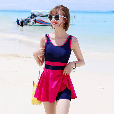 Hot spring two-piece swimsuit one-piece skirt flat angle solid color fashion skinny student striped plus size swimsuit woman