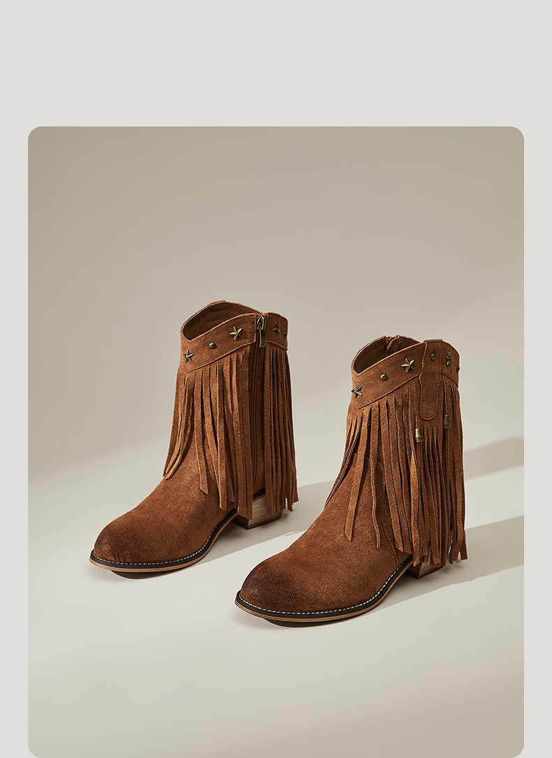 Западные Boots 星期六复古粗跟马丁靴女短靴2025新款磨砂流苏铆钉加绒西部牛仔靴 St&Sat