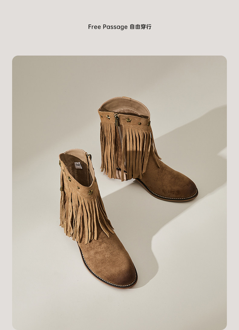 Западные Boots 星期六复古粗跟马丁靴女短靴2025新款磨砂流苏铆钉加绒西部牛仔靴 St&Sat