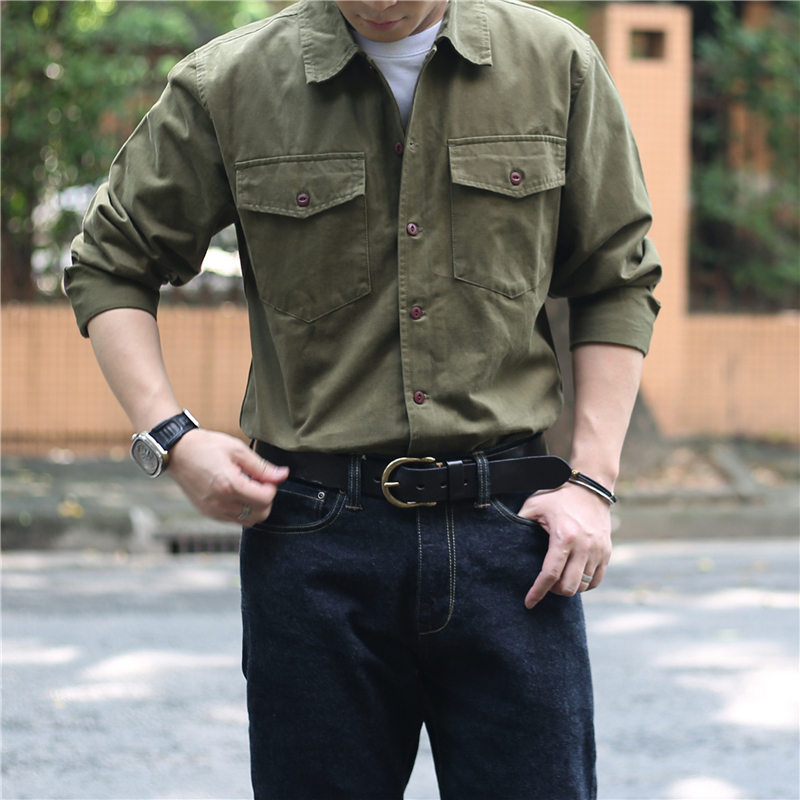 Heavyweight American Retro Work Shirt for Men, Long-Sleeved, Autumn Vintage, Thick Pure Cotton Brushed Amekaji Shirt