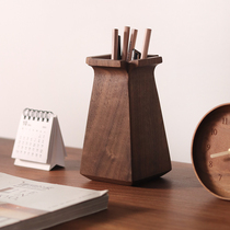 Sansi Gongfang solid wood pen holder new Chinese style office desktop stationery storage holder pen holder black walnut
