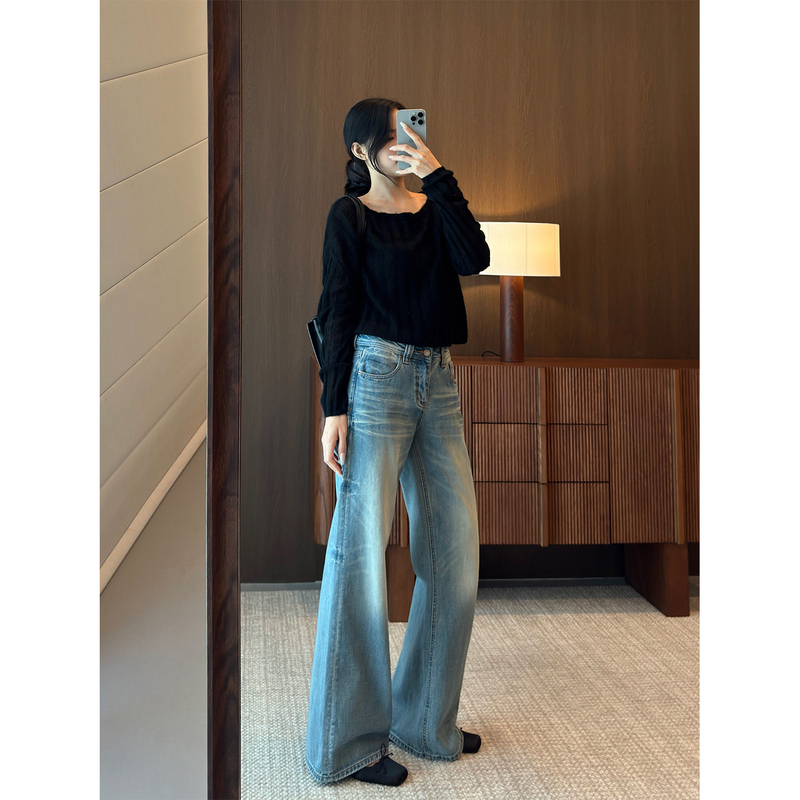 Dali LAOSHU /Hot Girl Bomber/Low-Waist Washed Retro Loose Flared Jeans for Women, Summer American Style Long Pants Dali LAOSHU /Hot Girl Bomber/Low-Waist Washed Retro Loose Flared Jeans for Women, Summer American Style Long Pants