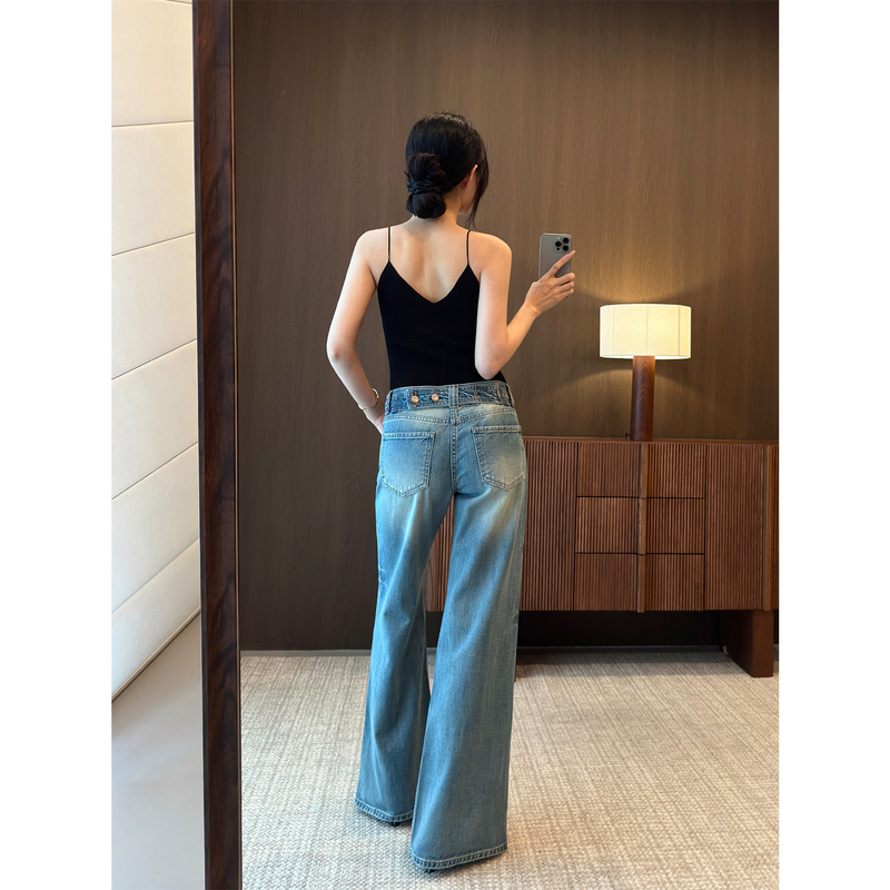 Dali LAOSHU /Hot Girl Bomber/Low-Waist Washed Retro Loose Flared Jeans for Women, Summer American Style Long Pants