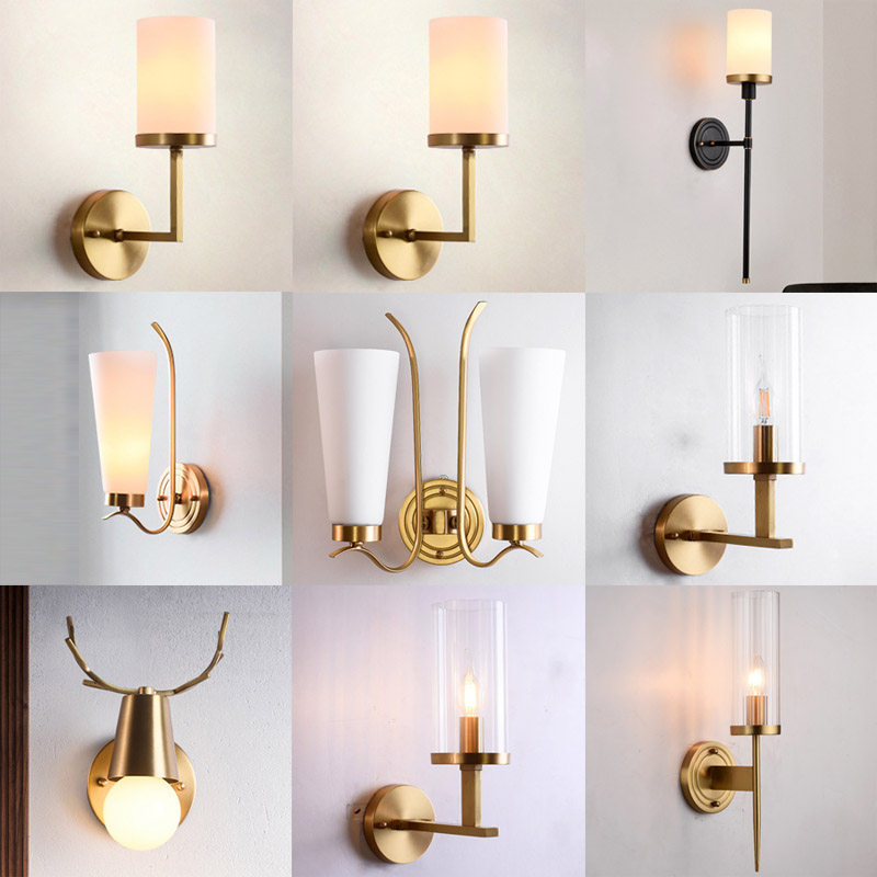 Nordic All-copper Wall Lamp Light Lavish Living-room Background Wall Light Bedroom Bedside Headlights Exchangeable Bulb Tricolour LED Can 110V