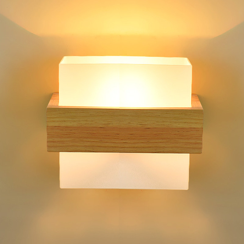 Japanese-style solid wood wall lamp living room dining room stairs bedroom bedside lamps E27 bulb three-color warm light LED can be 110V