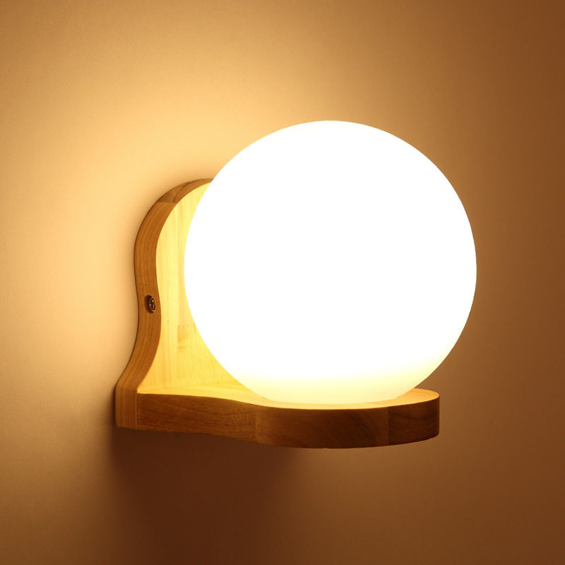 Nordic Solid Wood Wall Lamp Glass Aisle Stairs Bedroom Bedside Lamp E27 Exchangeable Bulb LED Luminaire 110V