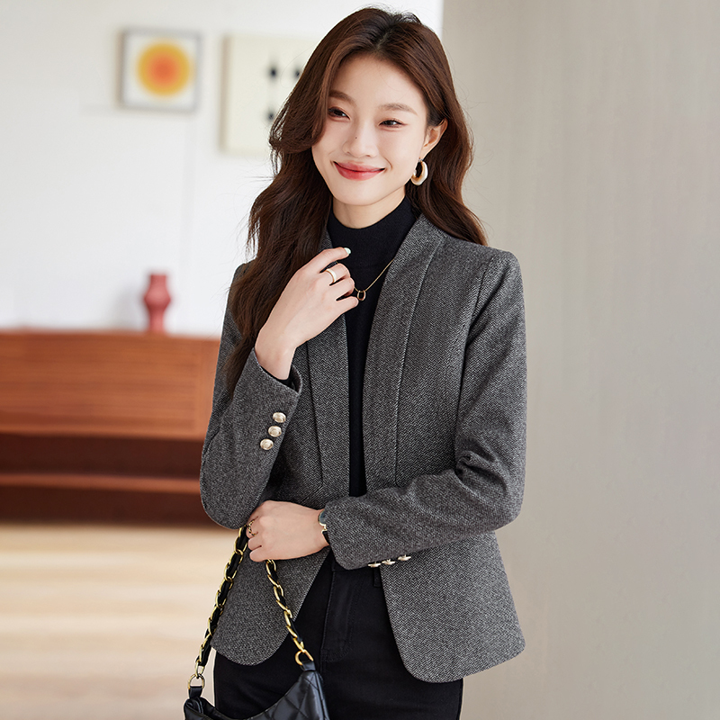 Dark Gray Woolen Collarless Blazer for Women, Autumn and Winter 2026 New Style, High-End, Petite, Short, Slim-Fit Suit