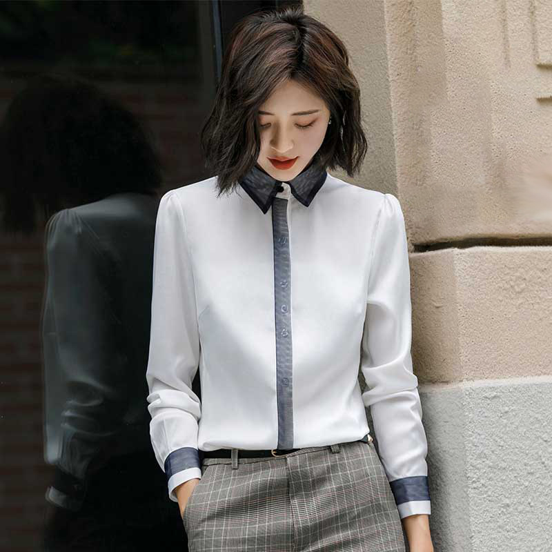 White stand-up collar shirt women's spring and autumn long-sleeved fashion Western style 2022 new chiffon white shirt work clothes formal wear