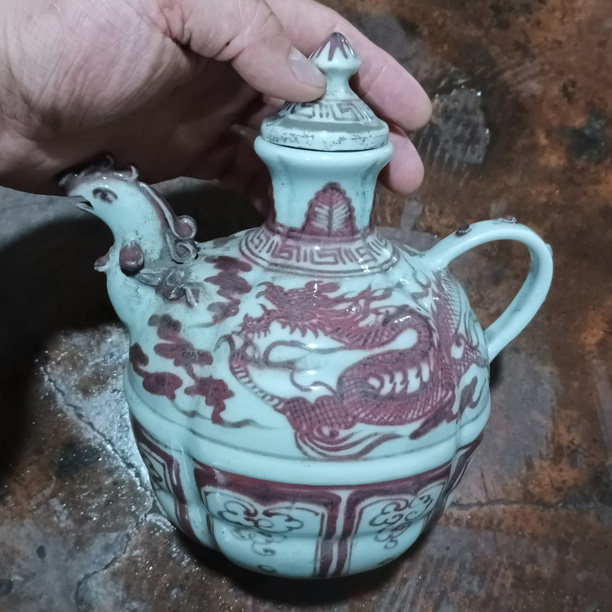 青花染付 龍文 急須台（壺台） 有底款 古陶磁 時代物