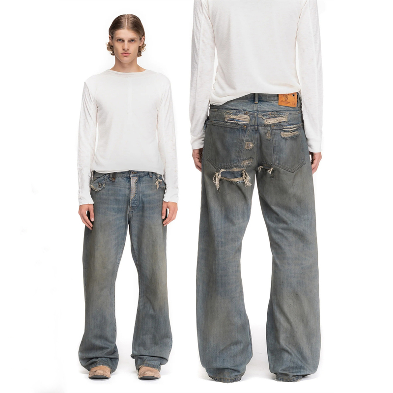 No Faith Studios 26Ss Limited Edition Splatter-Dyed Distressed Jeans with Raw Hem and Red Edges, Faded Long Pants