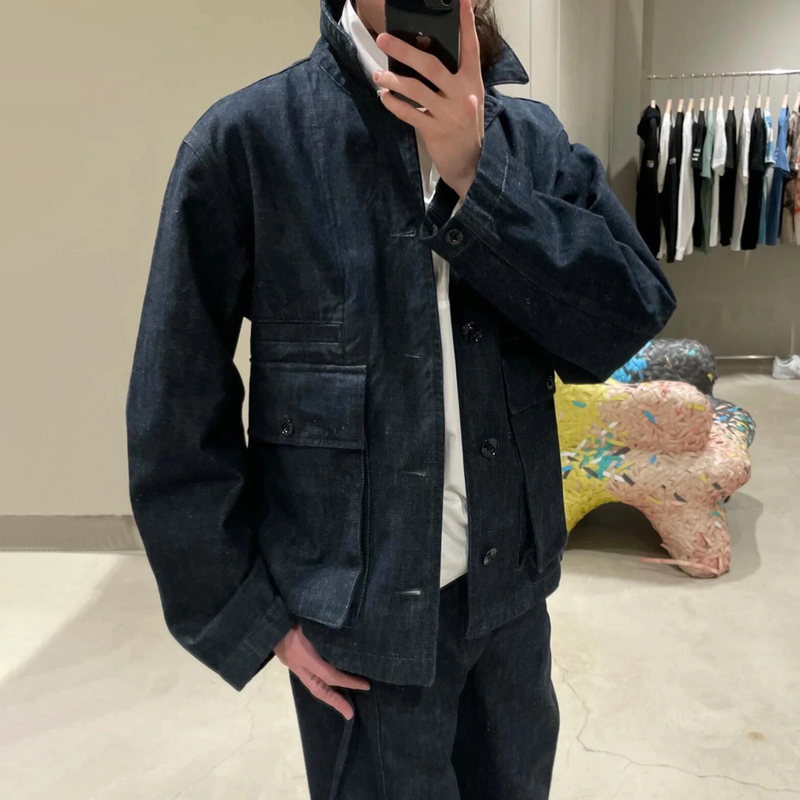 Lemai Style Multi-Pocket Cargo Jacket Washed and Distressed Casual Short Wide Lapel Pure Cotton Denim Jacket