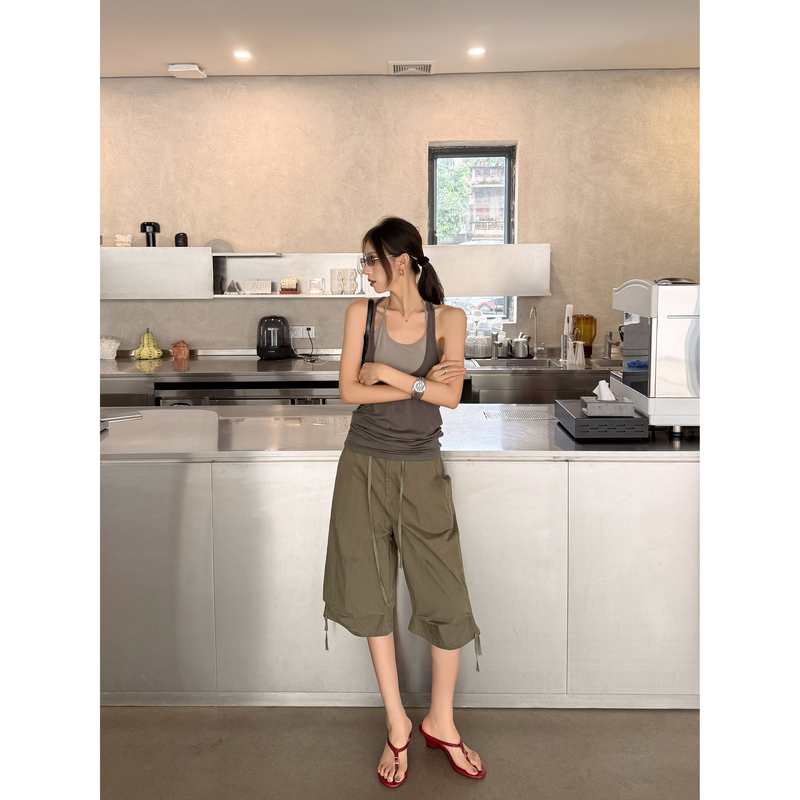 Nuomici Millennium Retro Drawstring Workwear Straight-Leg Slimming Cropped Pants for Women, Loose Casual Wide-Leg Pants, Five-Point Pants