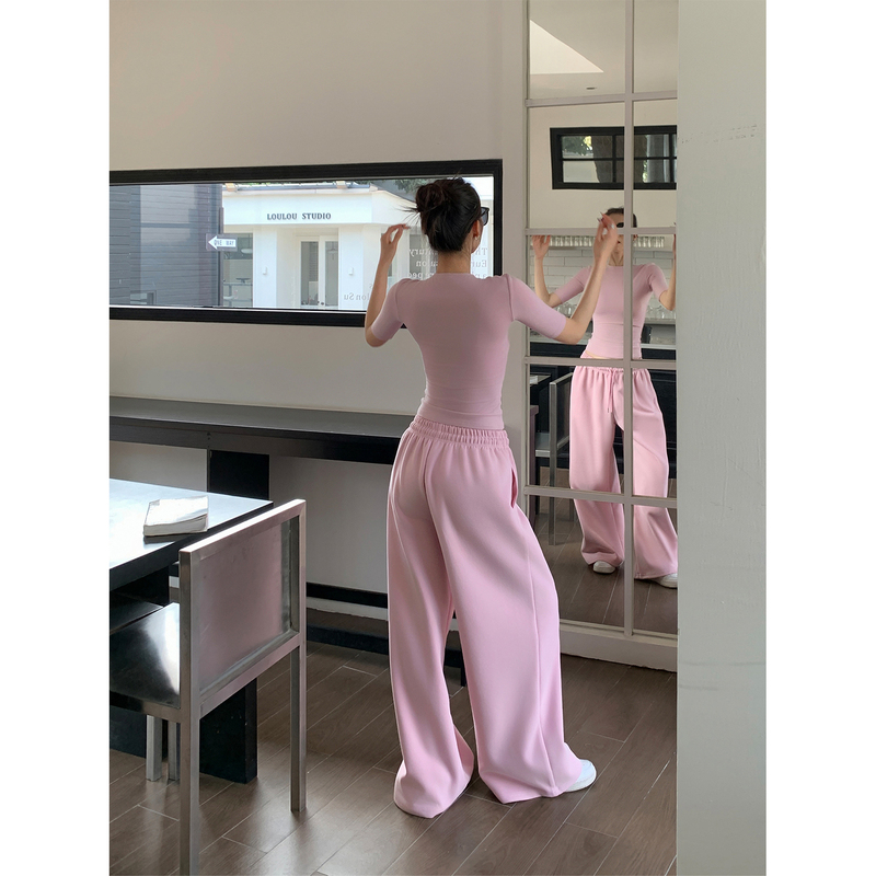 Nuomici Lazy Style Pink Drawstring Wide-Leg Pants for Women, Loose Straight Casual Sports Walking Floor-Length Pants