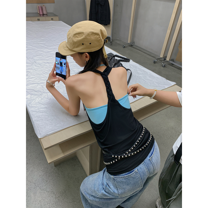 Nuomici Smart Twist Shirt Elastic Camisole for Women 2026 Summer Double-Layer Color-Blocking Fake Two-Piece Halter Top Nuomici Smart Twist Shirt Elastic Camisole for Women 2026 Summer Double-Layer Color-Blocking Fake Two-Piece Halter Top