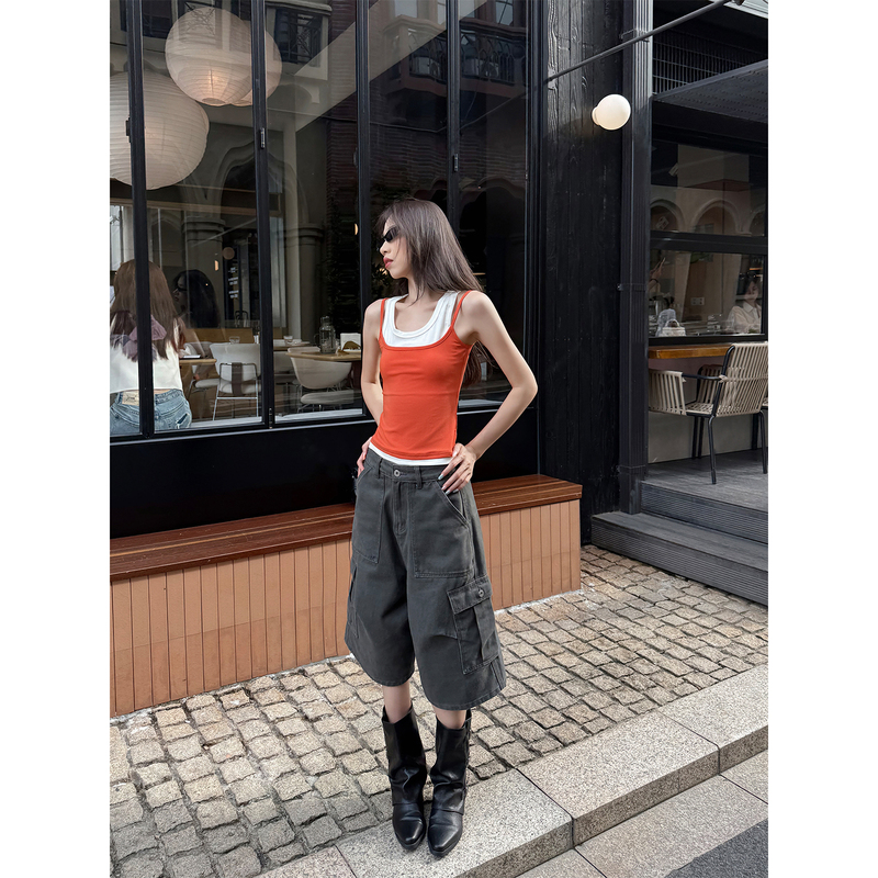Nuomici American Retro Cement Gray Multi-Pocket Cargo Capri Pants for Women, Summer Loose Casual Wide-Leg Mid-Length Pants