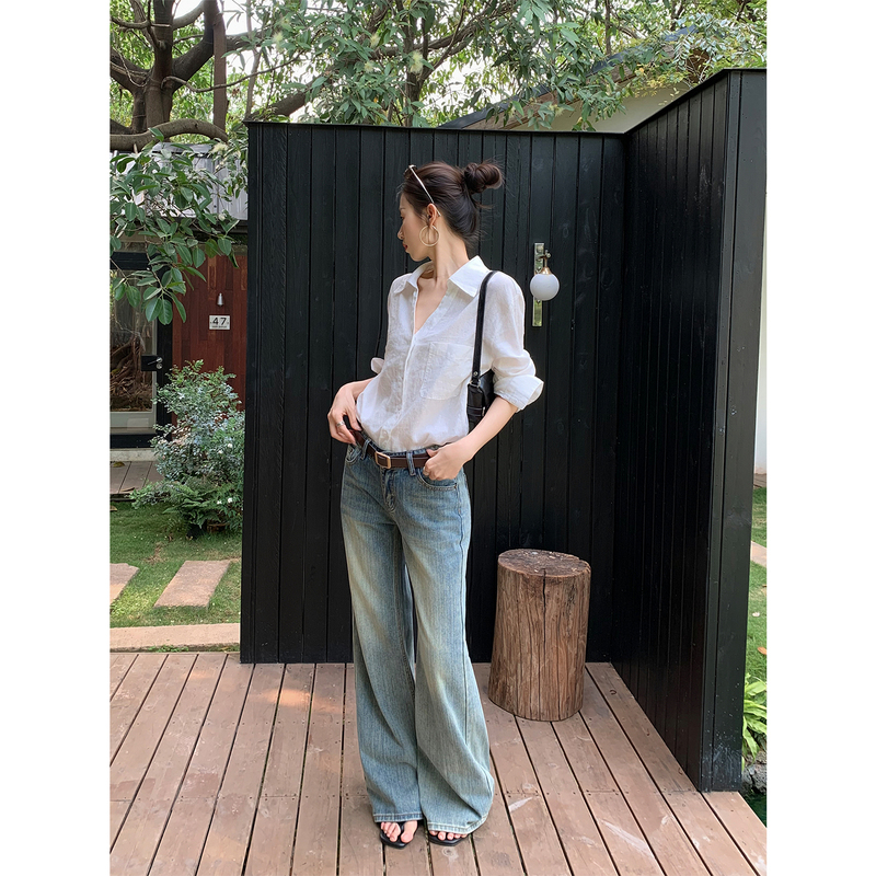 Nuomici Simple and Versatile Loose Casual Lazy Style Linen V-Neck Pure Color Long-Sleeved Women's White Shirt Top