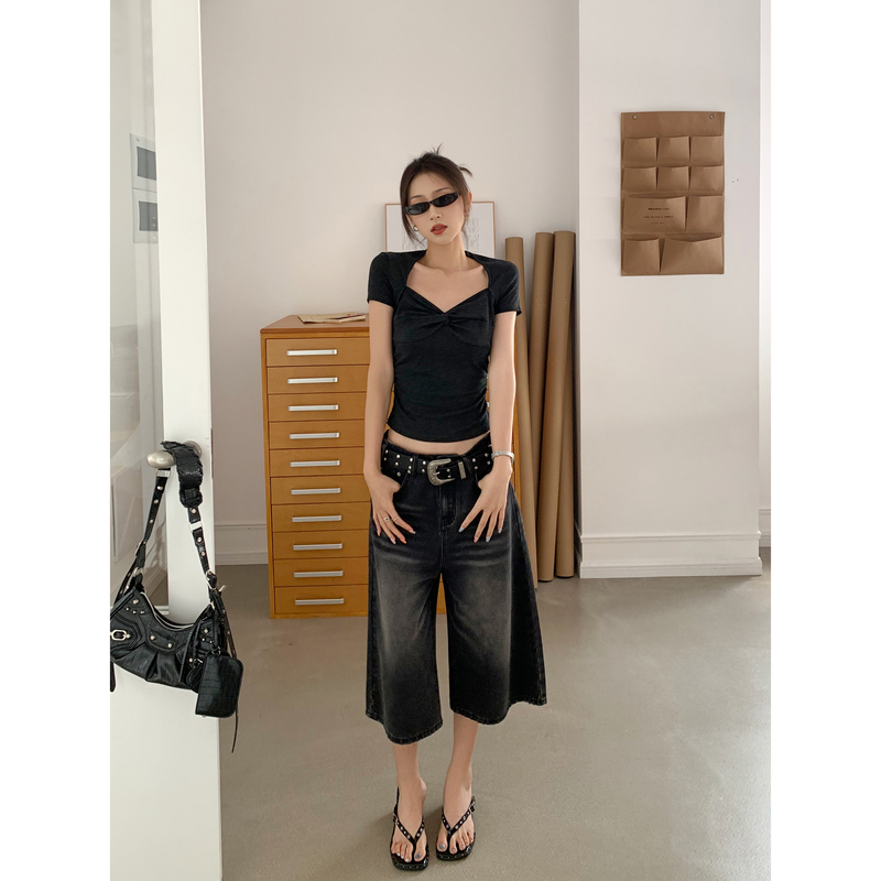 Nuomici American-Style Washed Vintage Black Whiskered Cropped Wide-Leg Jeans