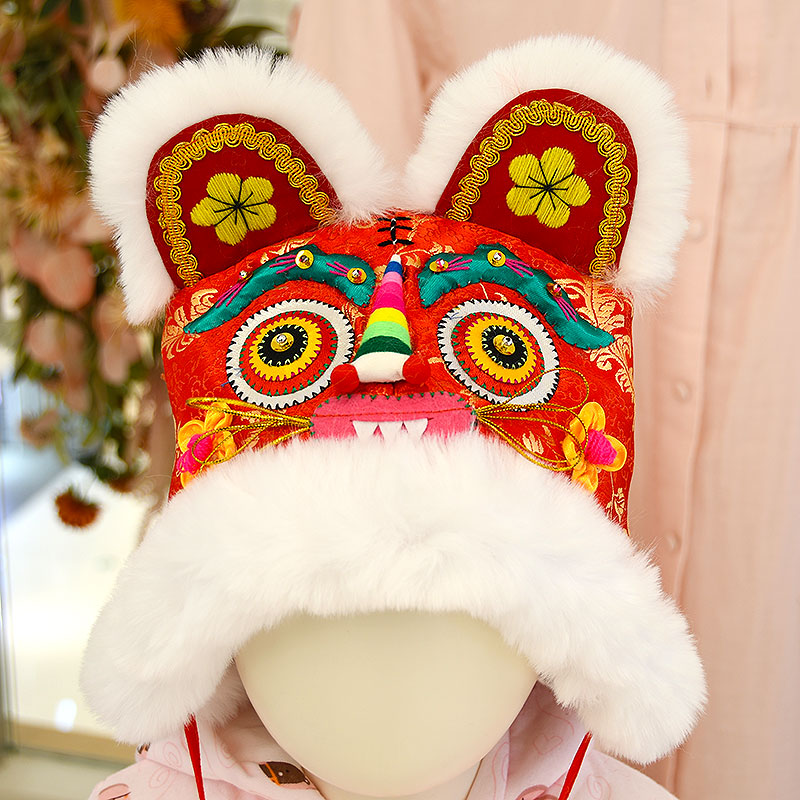 Baby handmade solid embroidery red baby tiger head hat child male and female year old baby tiger hat