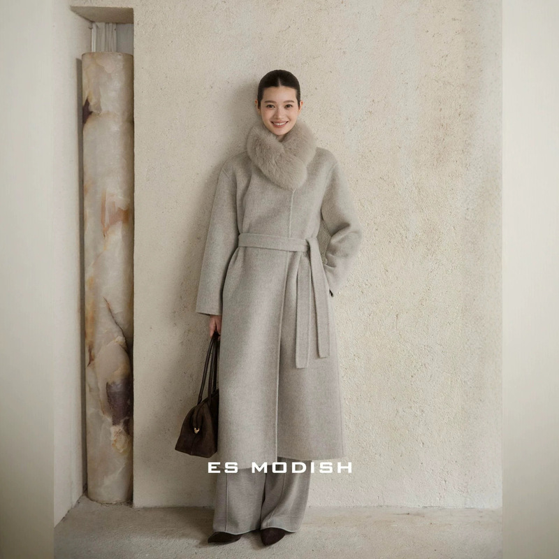 Es Modish New Winter Product Fox Fur Collar Loose Lace-Up Woolen Coat with Belt 4723