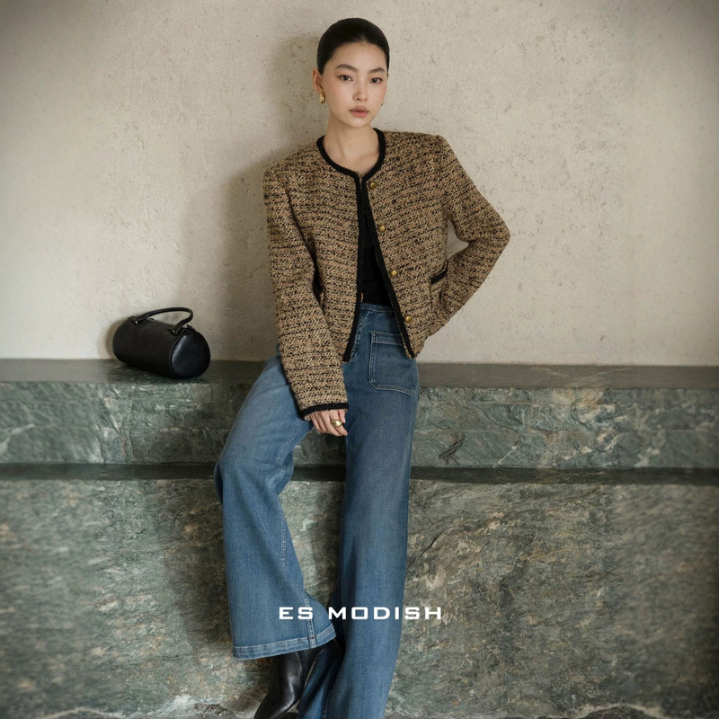 Es Modish Autumn New Vintage Tweed Short Jacket with Round Neck Wool Coat 4646