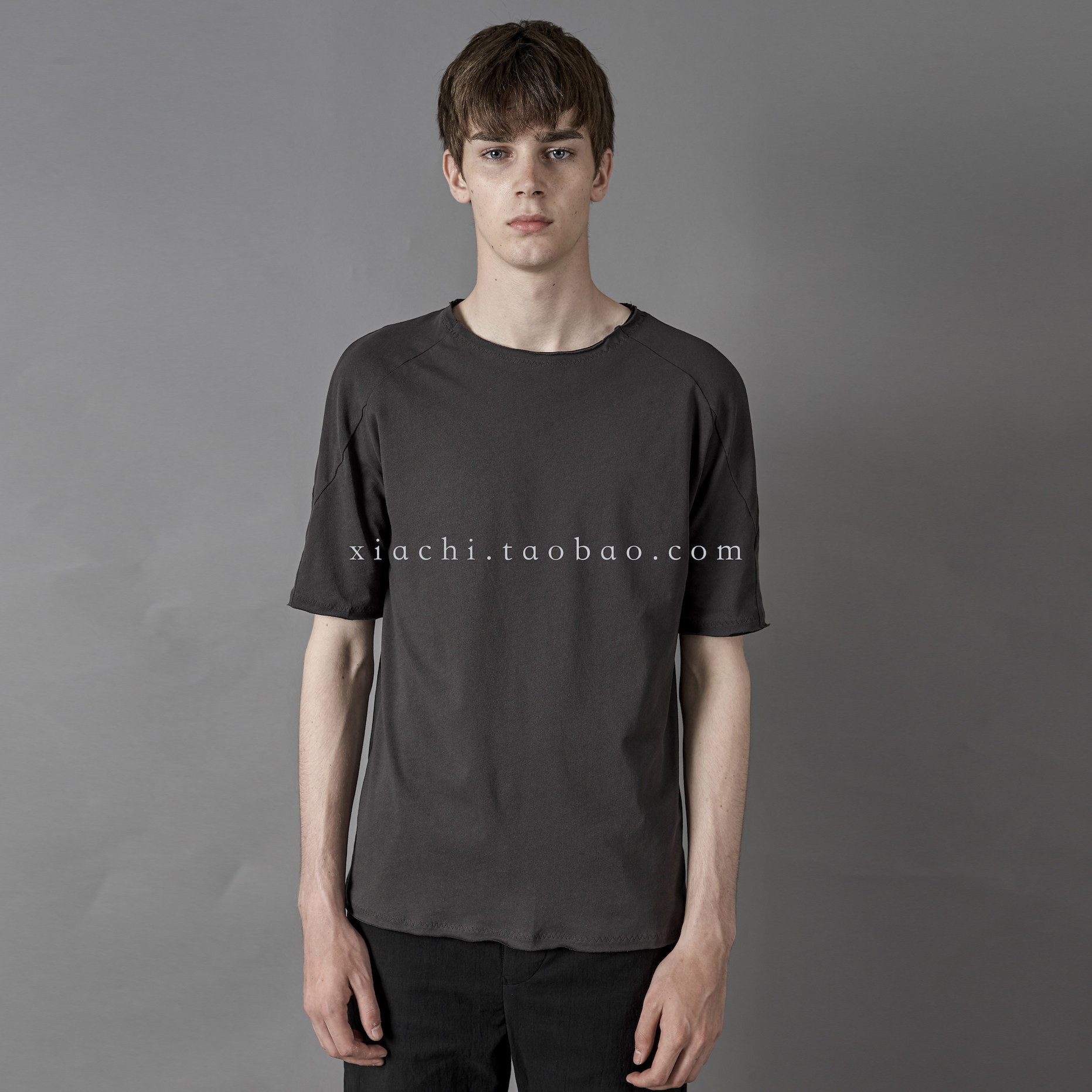 Spot day Department Original pure cotton wool side short sleeve blouses male deep grey water washed body round collar T-shirt tee spring summer 2021