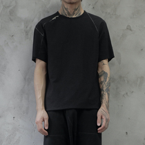 UNNAMING XIA original design asymmetrical splicing hand stitched round collar short sleeve T-shirt pure cotton black half sleeve