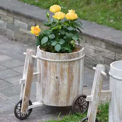 Cart gardening flowerpot vintage flowerpot balcony fleshy pot home wooden round large rose plant pot