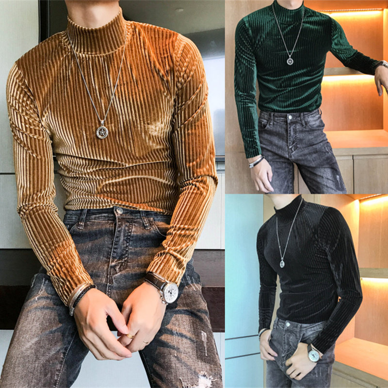 Fall semi-high collar workover undershirt men's ruffled striped long sleeve t pension velvet with velvety necropolis