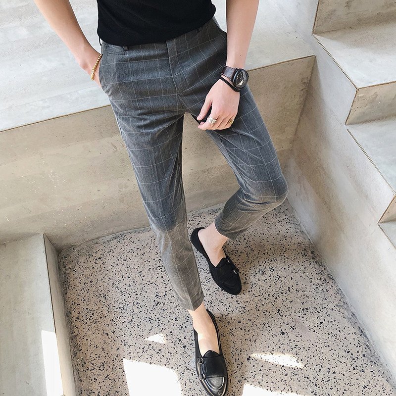 Men's casual pants summer trendy brand slim feet plaid cropped pants British slimming all-match thin suit pants