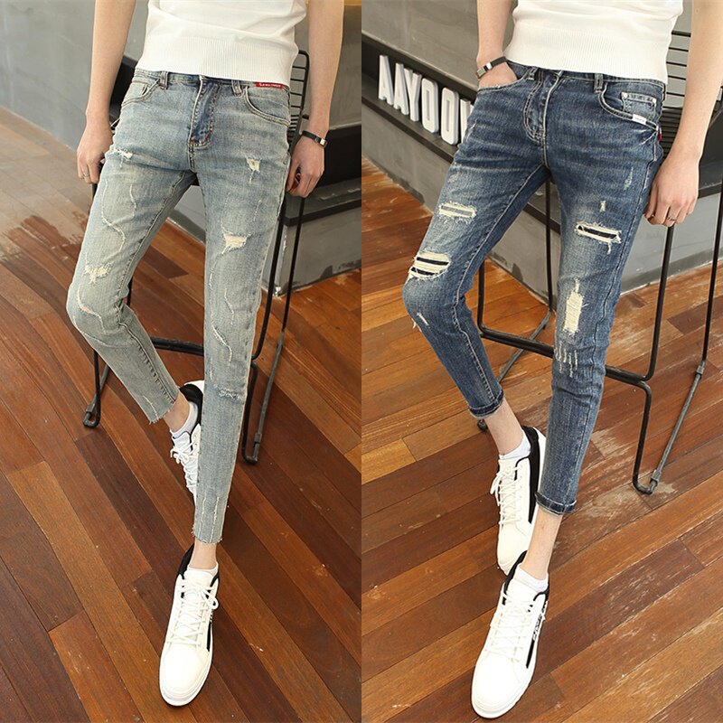 Jeans men's summer thin section nine-point pants tapered slim small feet casual 9-point pants Korean version of the tide brand hole beggar 8