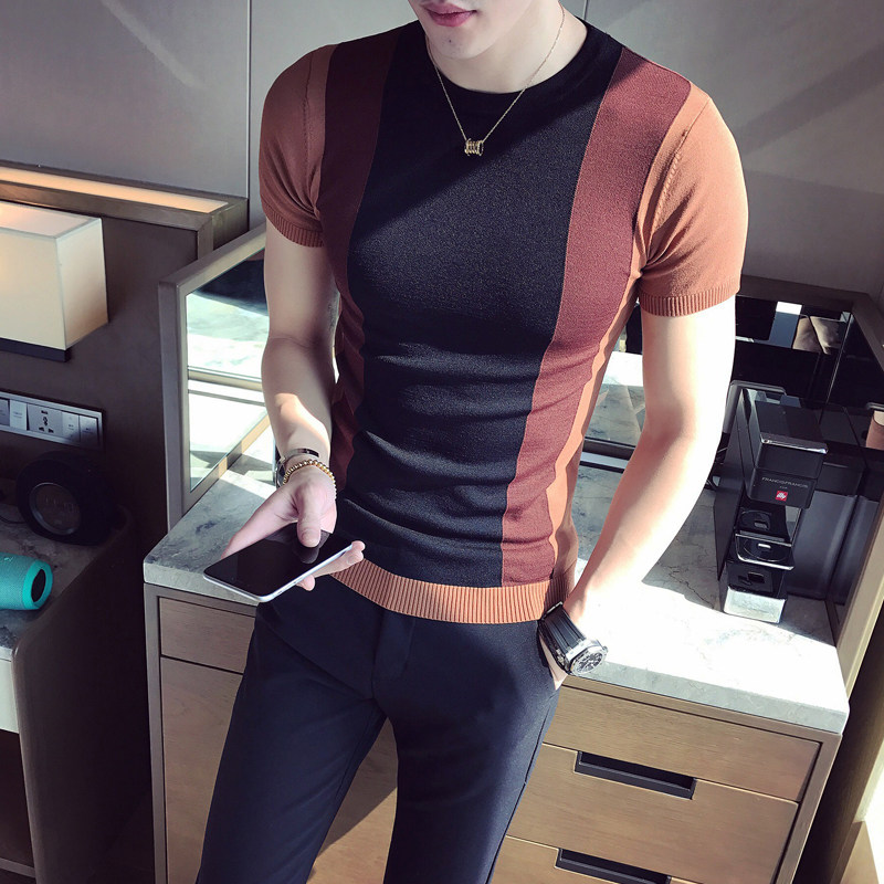 High-end men's ice silk T-shirt sweater short-sleeved summer thin section ice-cold breathable color-blocking slim men's T-shirt tee