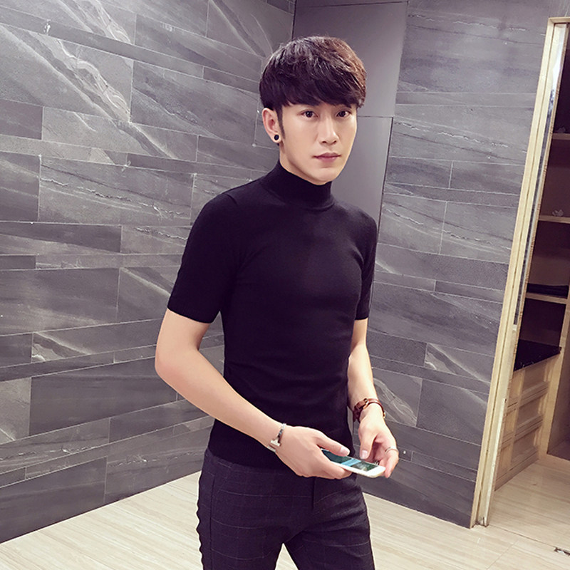 Spring and summer half-high collar bottoming sweater Men's short-sleeved sweater Korean style trendy half-sleeve T-shirt solid color sweater