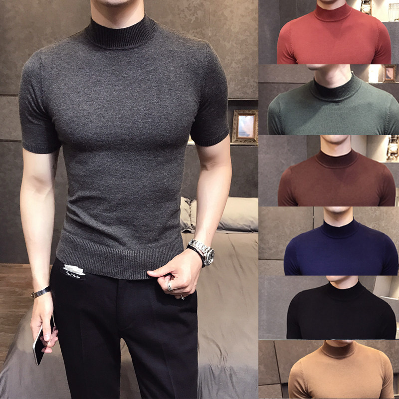 Autumn half turtleneck bottoming shirt men's knitted sweater short-sleeved sweater men's slim half-sleeved top with a mid-neck T-shirt
