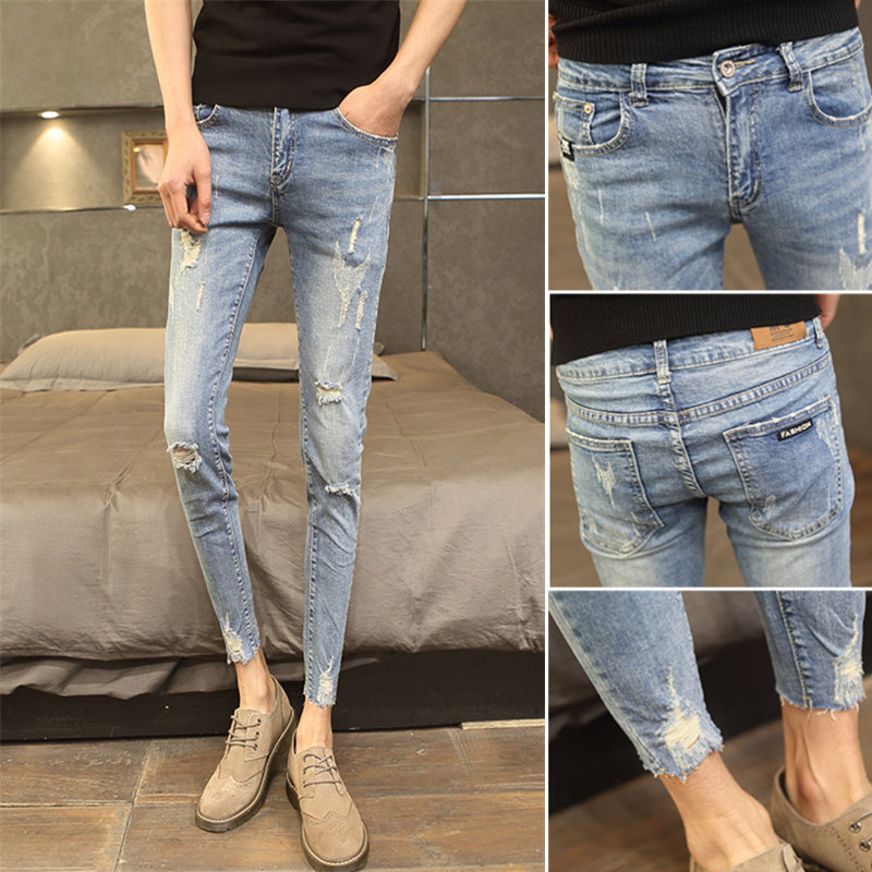 Nine-point jeans men's slim feet spring and summer 2021 Korean version of the trend ins hole student hole 9 points pants