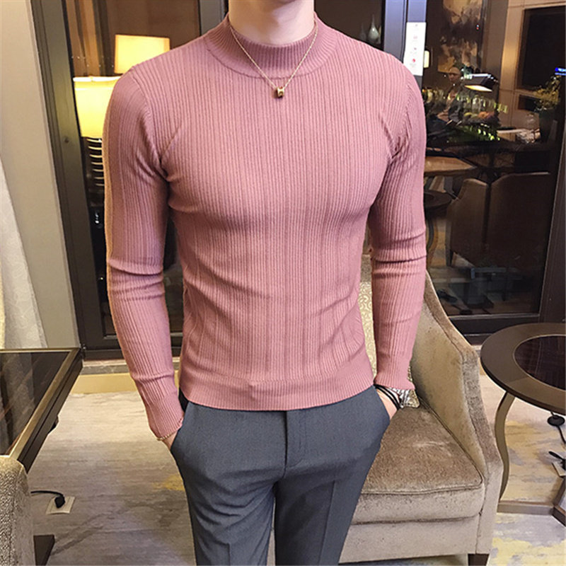Autumn and winter new half turtleneck striped sweater men's knitted sweater slim fit inner collar bottoming shirt spring and autumn tops