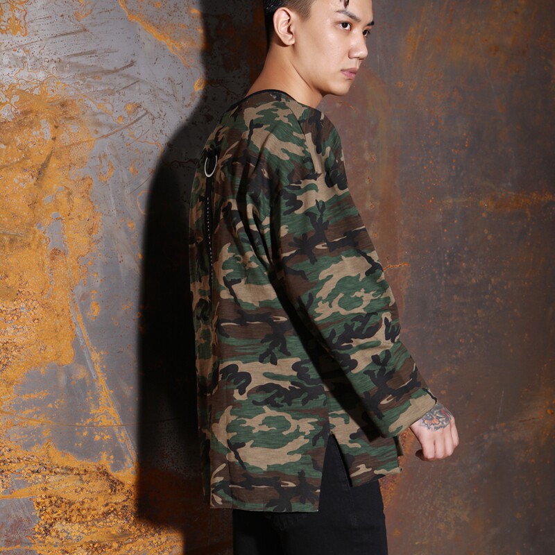 欧美秋季潮牌高街掉肩圆领宽松飘带迷彩T恤男 侃爷长袖bf打底上衣