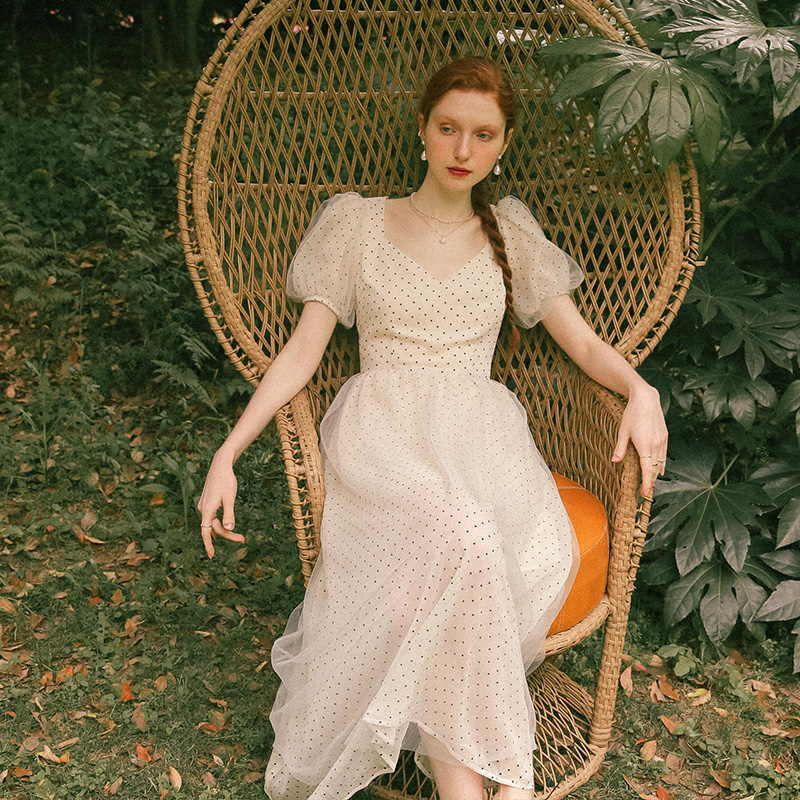 气质仙女连衣裙,森系法式甜美少女泡泡袖网纱连衣裙