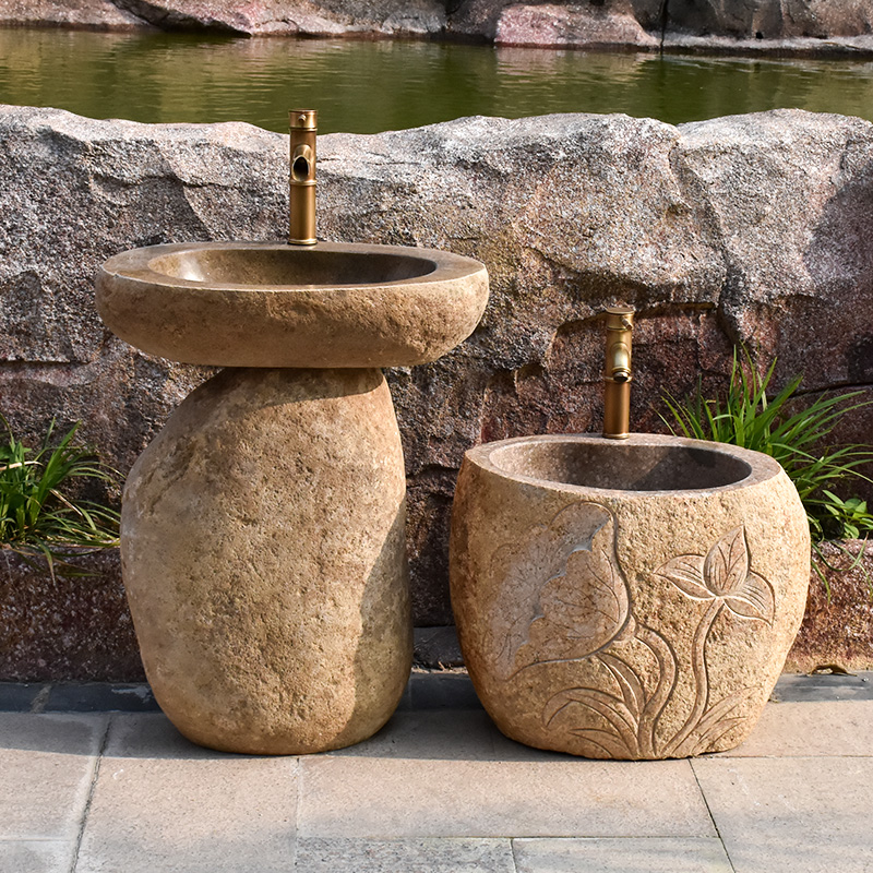 Stone Washbasin Outdoor Washbasin Vintage Bench Basin Integrated Floor-to-ceiling Pebble Washbasin Courtyard