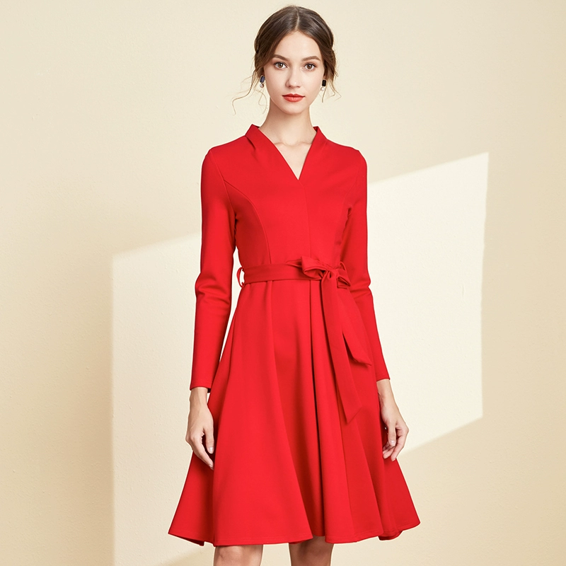 Màu đỏ tính khí Váy cổ chữ V năm 2021 mùa thu mới nữ mỏng phù hợp Phong cách Hepburn váy nhỏ màu đỏ váy chữ A dài giữa - A-Line Váy