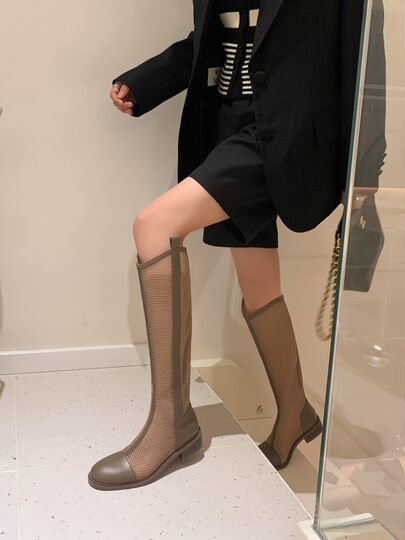 Высокие сапоги из натуральной кожи для женщин весной и летом, женские сапоги больших размеров, ботинки с полой сеткой, тонкие высокие сандалии с большой трубкой