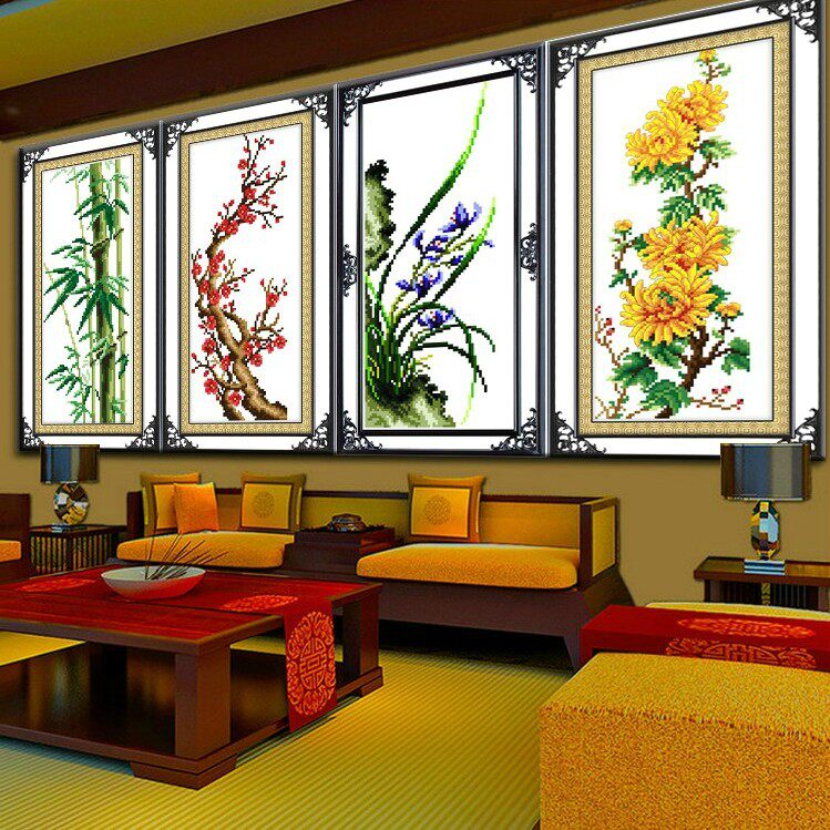 Meilan Bamboo chrysanthemum cross stitch thread embroidery cotton thread Living room Simple modern fresh elegant warm four sets of scenery show