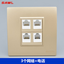 Champagne color 3 network with telephone line computer plug-in panel 86 type network cable port voice socket four-port information panel