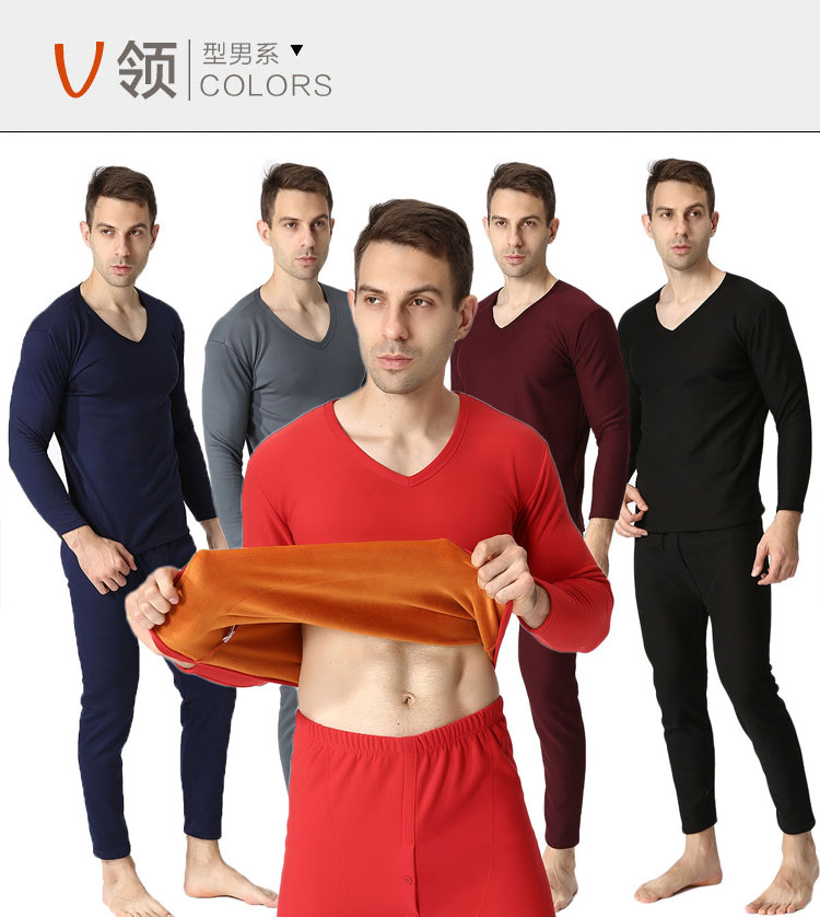 Mùa đông cộng với nhung dày đồ lót nhiệt cộng với phân bón XL áo thun nam cotton béo quần nam đẹp